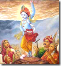 [Krishna lifting Govardhana]